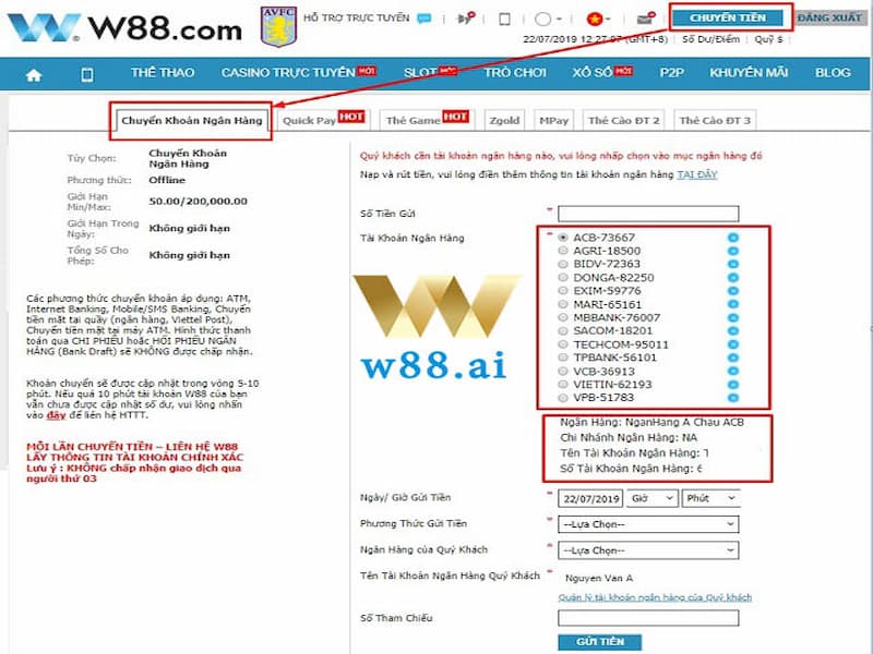 Thao tác nạp/gửi tiền vào W88 bằng internet banking
